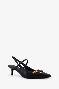 Pinko women’s black leather slingback pump with gold-tone buckle and bamboo-style accents at the toe