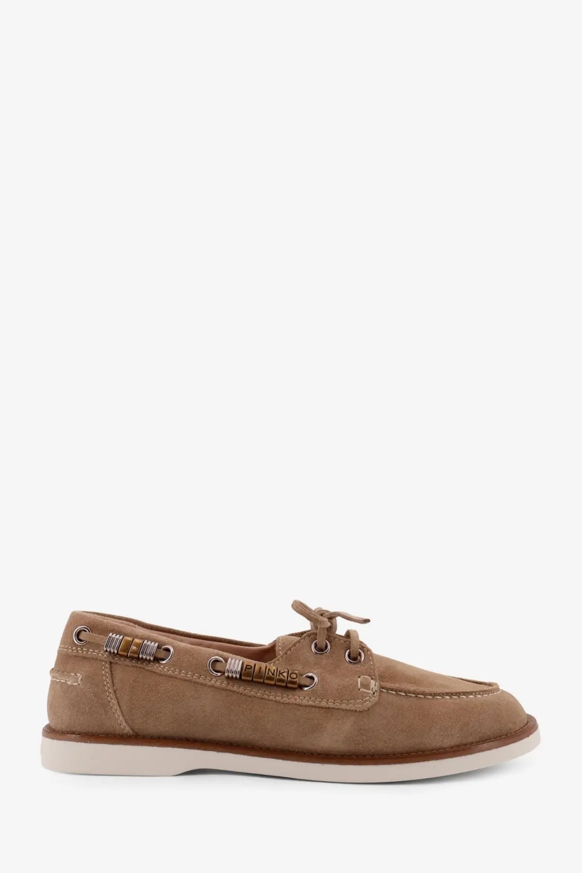 Pinko women’s grace beige suede loafers featuring tan suede boat shoe design with brown leather accents and metallic eyelets