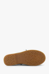 Pinko women’s grace blue suede loafers with tan rubber sole embossed logo pattern and finko branding