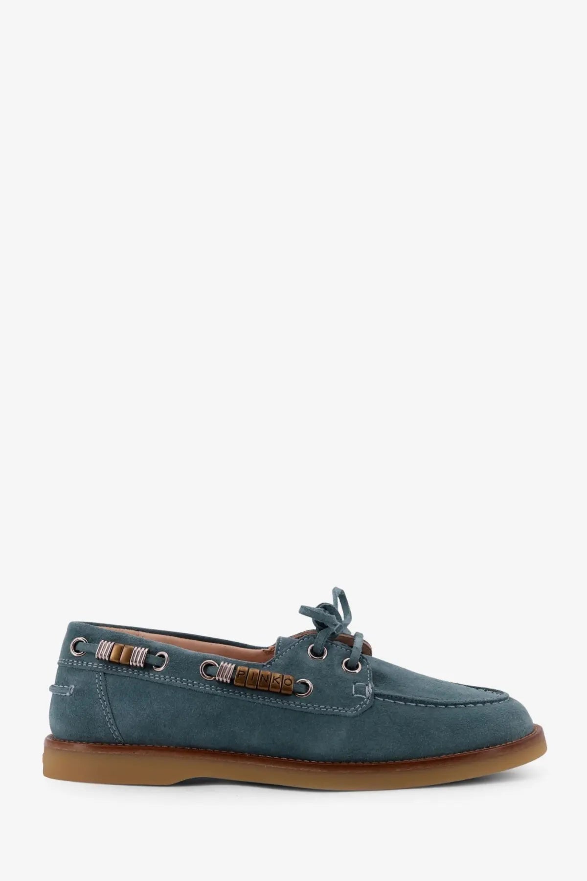 Pinko women’s grace suede loafers in teal with brown rubber sole and wooden beads on lacing eyelets