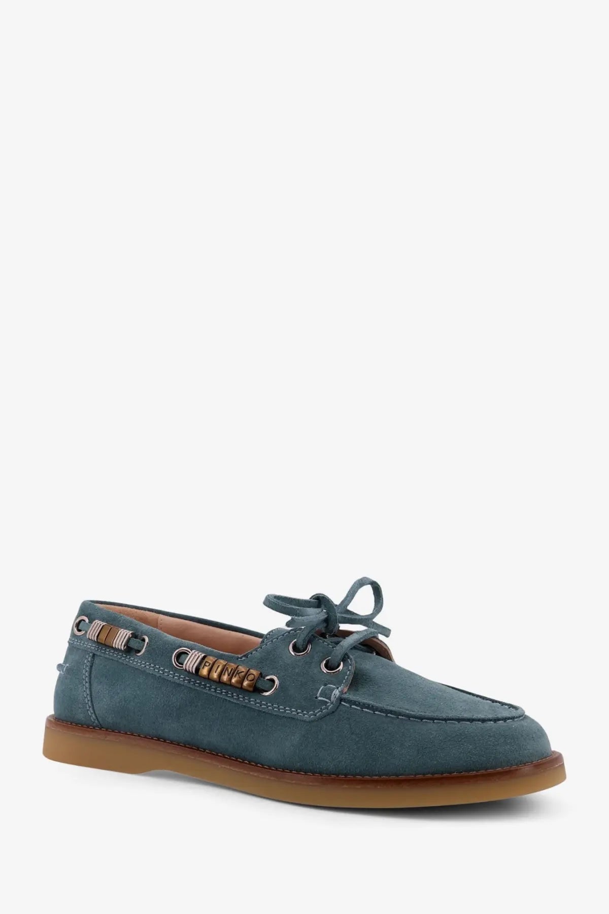 Pinko women’s grace suede loafers in teal with brown rubber sole and wooden bead lacing eyelets