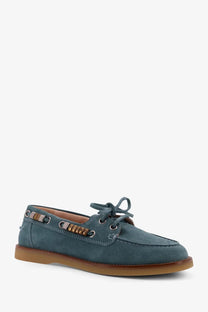 Pinko women’s grace suede loafers in teal with brown rubber sole and wooden bead lacing eyelets