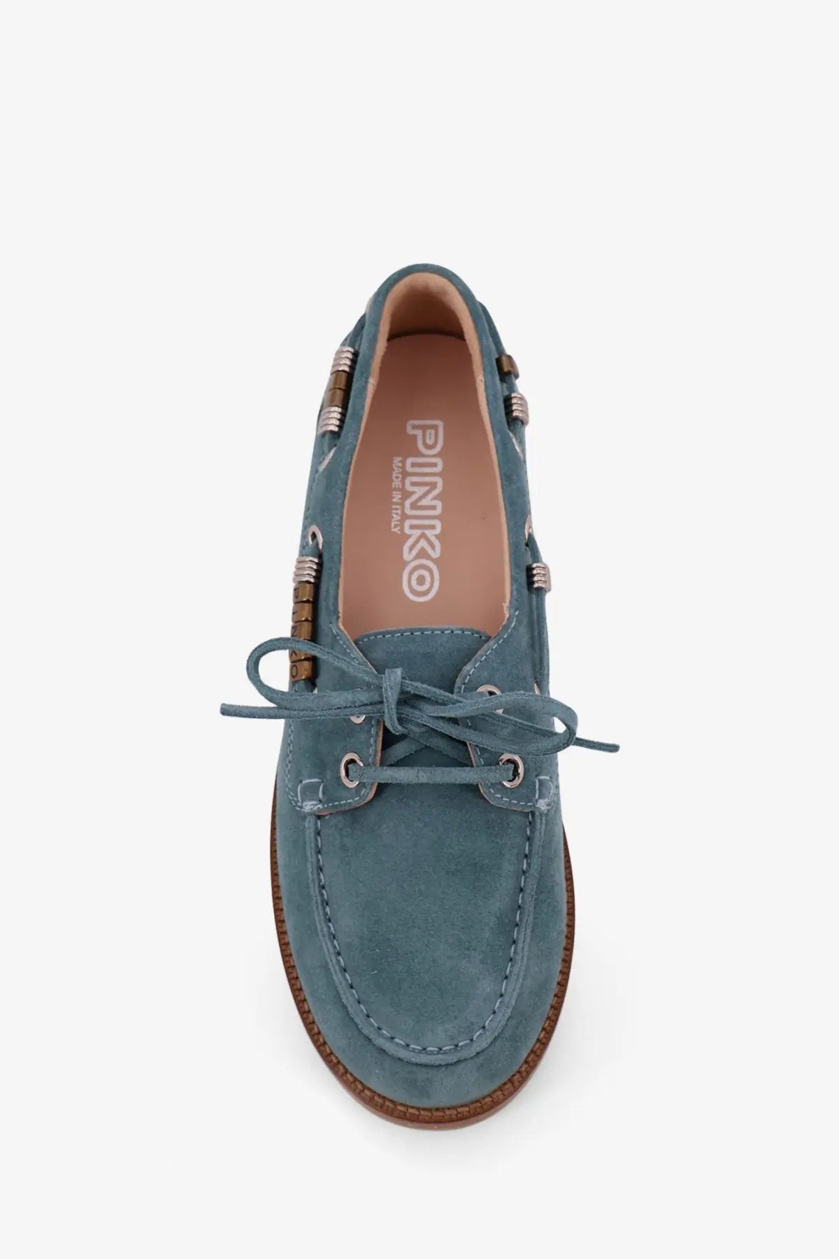 Pinko women’s grace suede loafers blue featuring teal suede boat shoe with brown leather trim and metallic eyelets