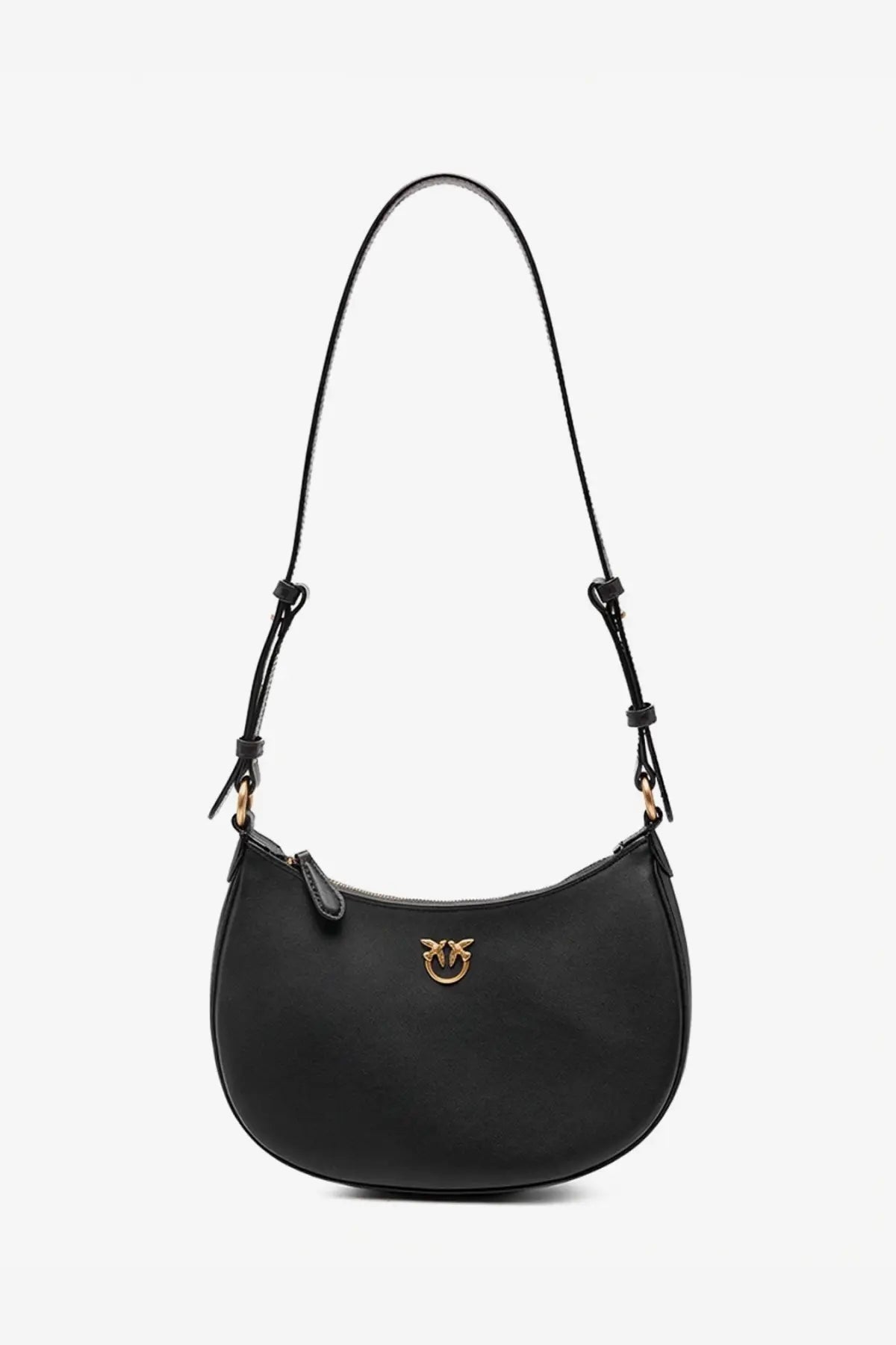 Black leather crossbody bag with gold-tone Pinko bird logo and adjustable strap perfect for everyday use