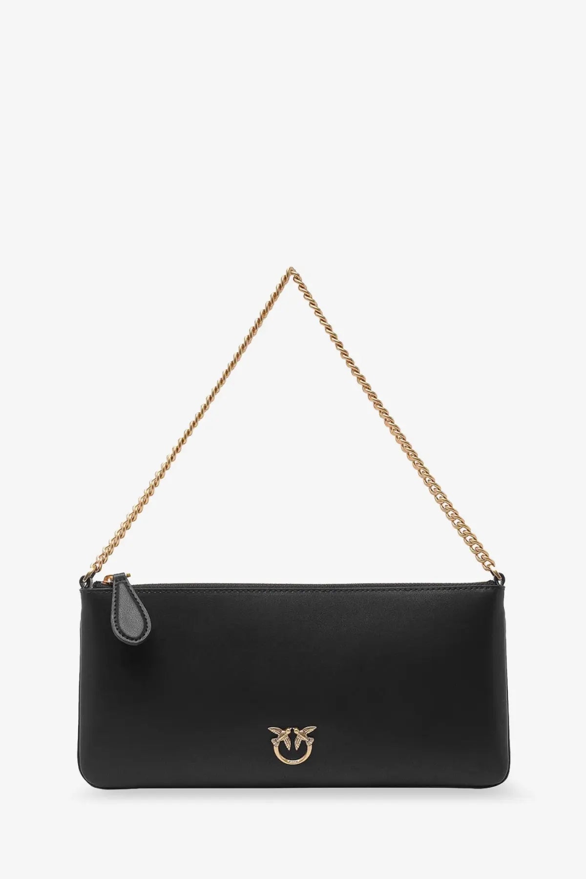 Pinko womens black leather horizontal flat shoulder bag with gold chain strap and bird logo emblem