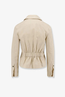 Pinko women’s idony embroidered linen blazer beige with a belted jacket style, structured collar, and elastic waistband