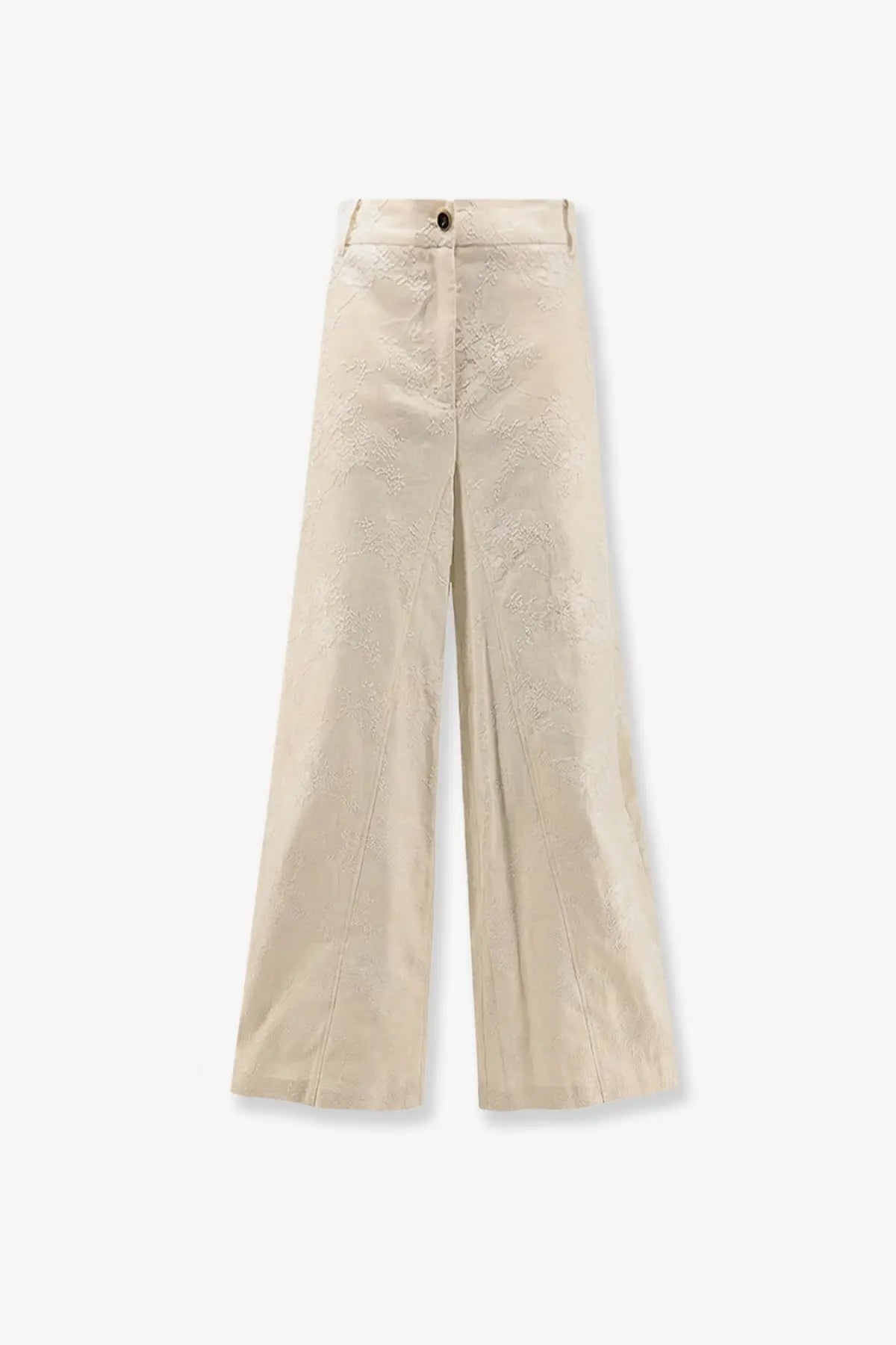Pinko women’s ivy linen beige wide-leg trousers with high waist and subtle floral embroidery pattern