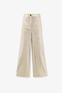 Pinko women’s ivy linen beige wide-leg trousers with high waist and subtle floral embroidery pattern
