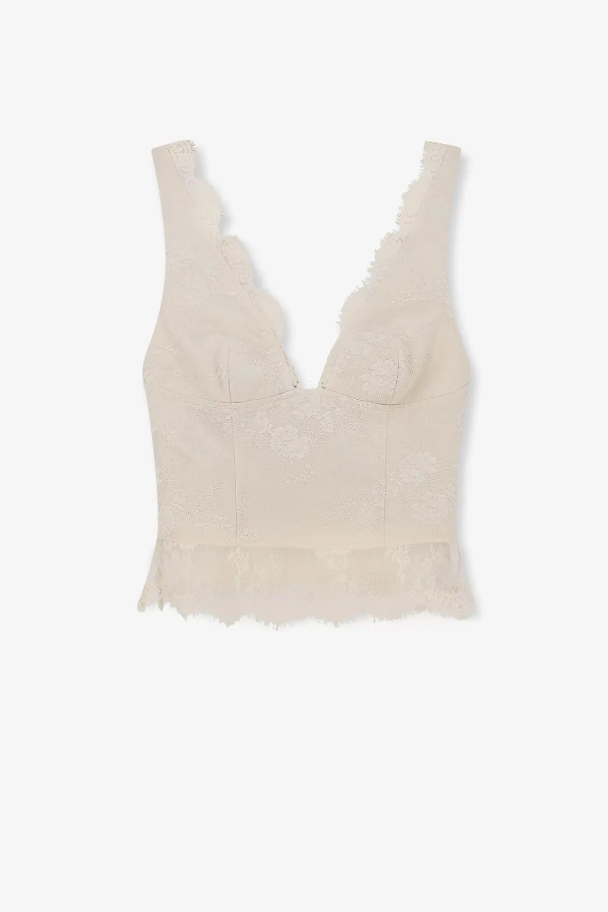 Pinko womens Janessa linen top beige featuring a delicate off-white lace crop with deep v-neckline and ruffled hem