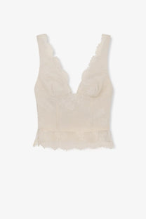 Pinko womens Janessa linen top beige featuring a delicate off-white lace crop with deep v-neckline and ruffled hem