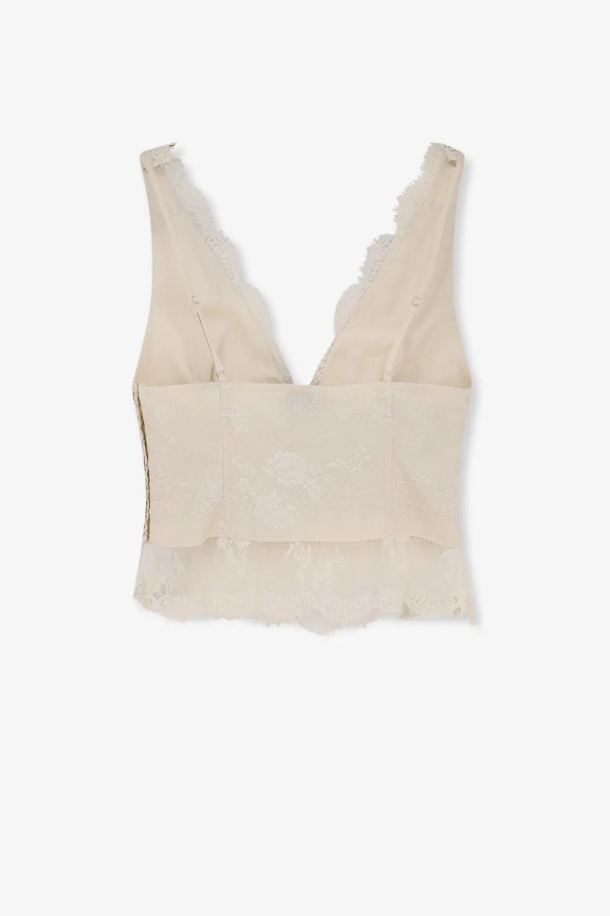 Beige linen lace crop top with deep v-neckline and frayed edges from Pinko women’s Janessa collection