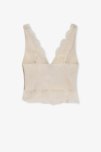 Beige linen lace crop top with deep v-neckline and frayed edges from Pinko women’s Janessa collection