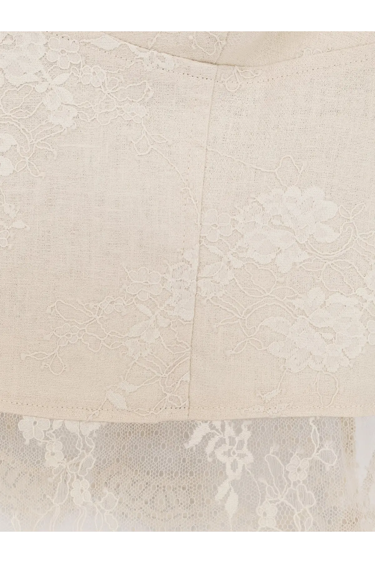 Beige linen top by pinko featuring lace overlay with delicate floral embroidery and subtle textured fabric base