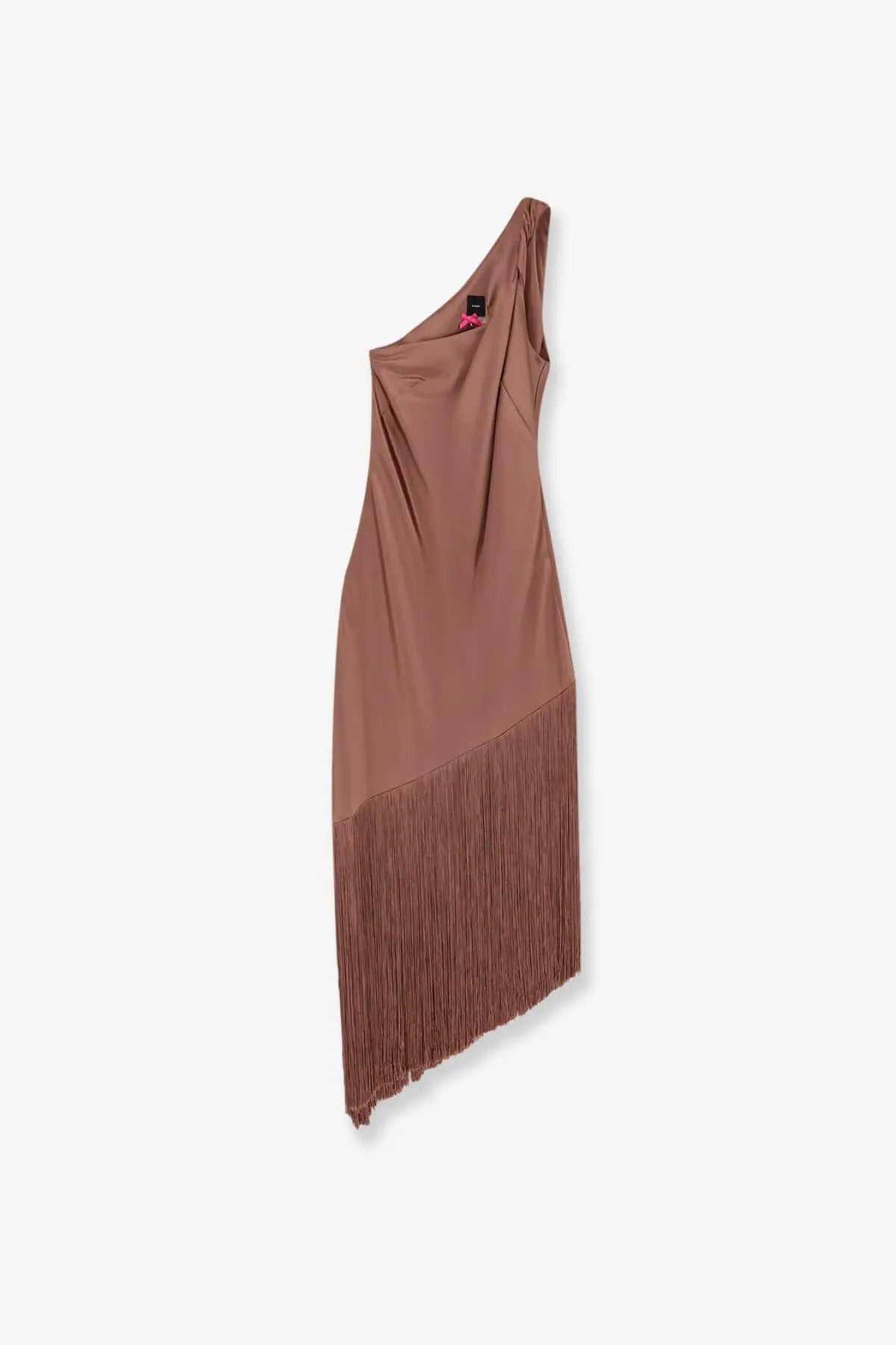 Pinko women’s Kiwi satin dress in taupe with one-shoulder sleek draped bodice and fringed hemline
