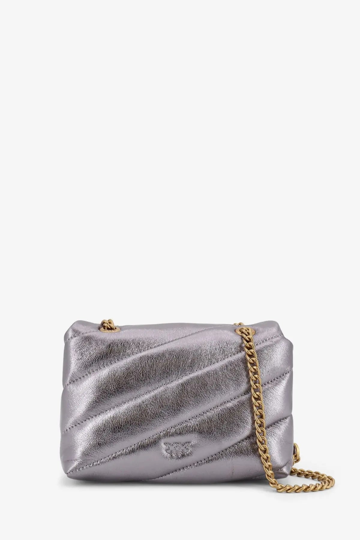 Pinko women’s laminated leather baby love puff crossbody bag in metallic silver with gold chain strap and logo emblem