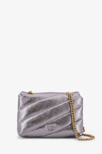 Pinko women’s laminated leather baby love puff crossbody bag in metallic silver with gold chain strap and logo emblem