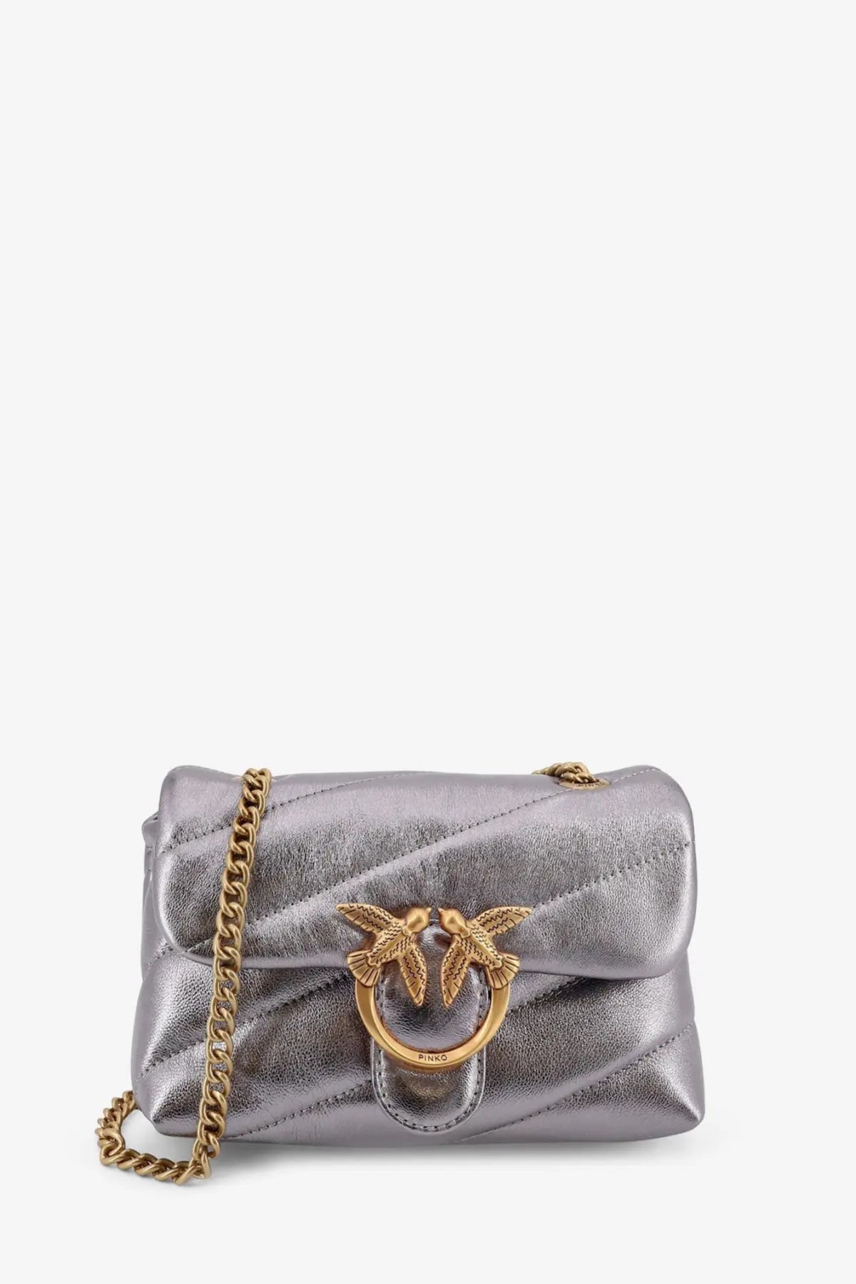 Pinko women’s laminated leather silver quilted crossbody bag with gold-tone bird clasp and chain strap