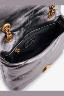 Pinko women’s laminated leather baby love puff crossbody bag in grey with silver quilted leather and gold-tone chain hardware