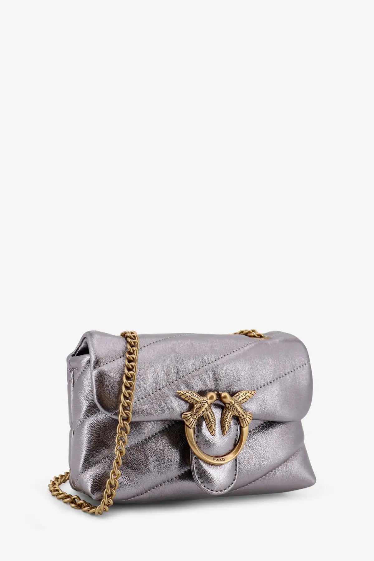 Pinko women’s laminated grey leather crossbody bag with quilted silver finish and gold-tone bird clasp and chain strap