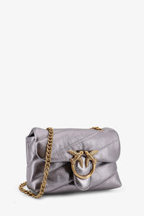 Pinko women’s laminated grey leather crossbody bag with quilted silver finish and gold-tone bird clasp and chain strap