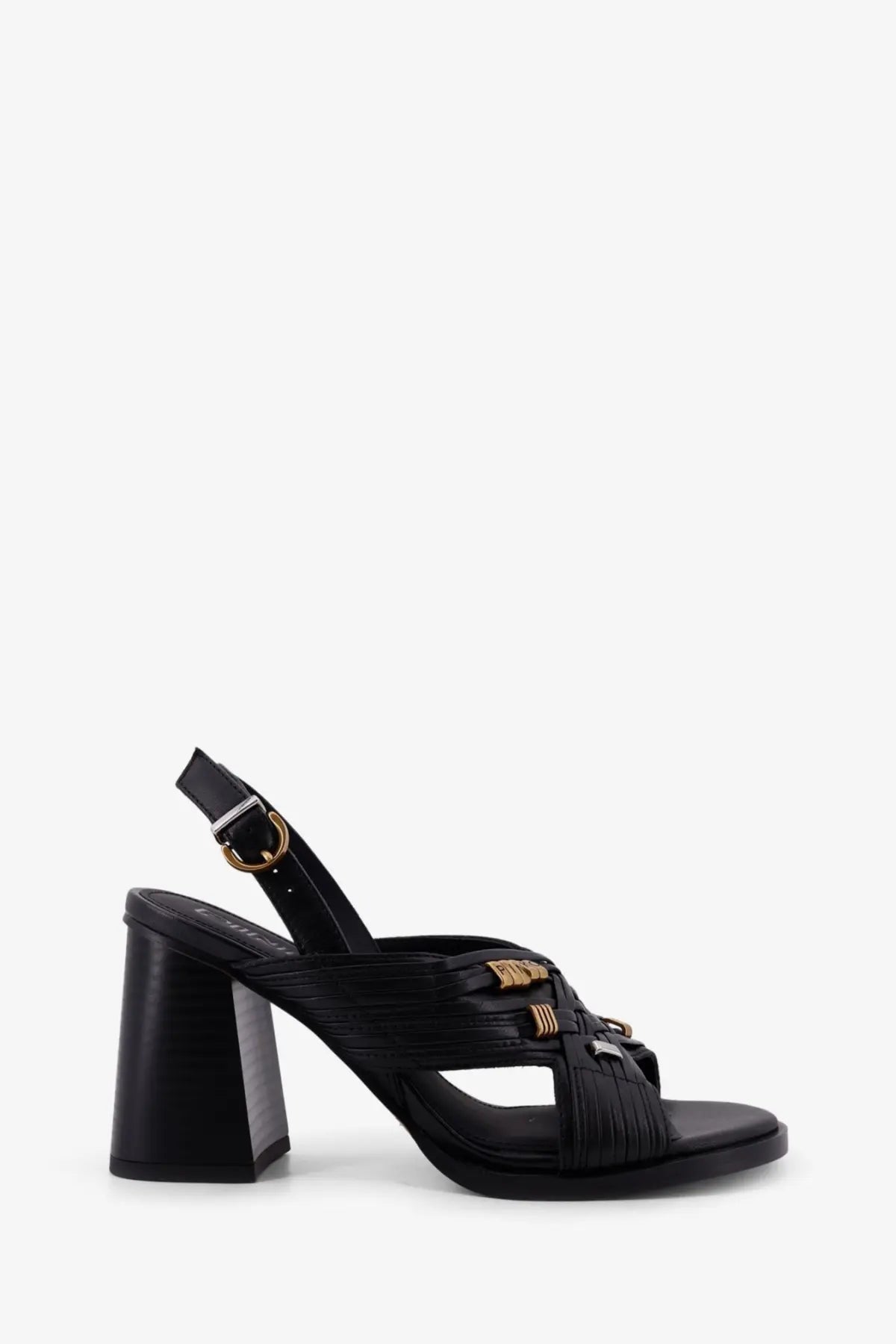 Pinko women’s lara black leather sandal with chunky heel and gold-tone hardware accents