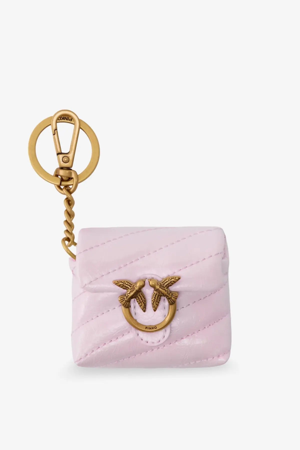 Pinko women’s leather airpods case pink with a pink quilted keychain featuring gold-tone birds and ring clasp
