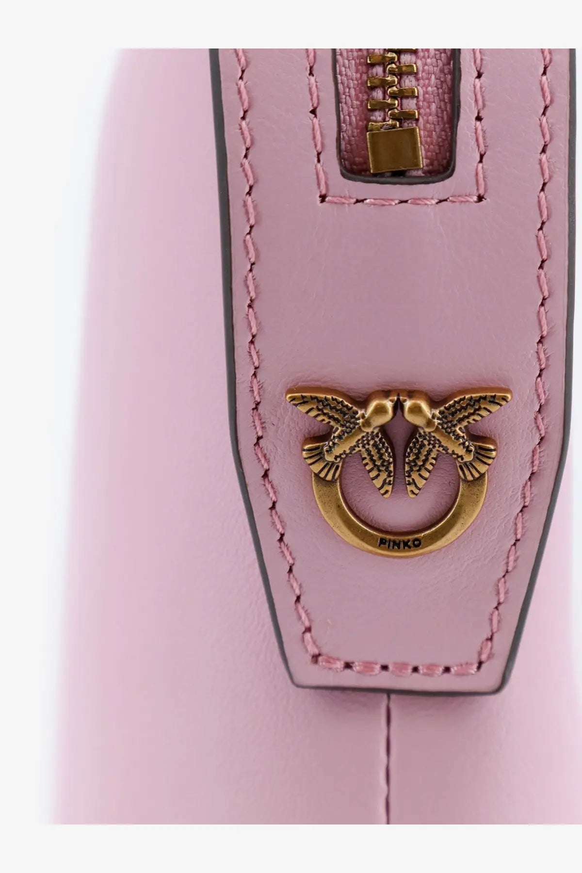 Pinko women’s leather beauty case in pink with gold-tone bird clasp and zipper pull details