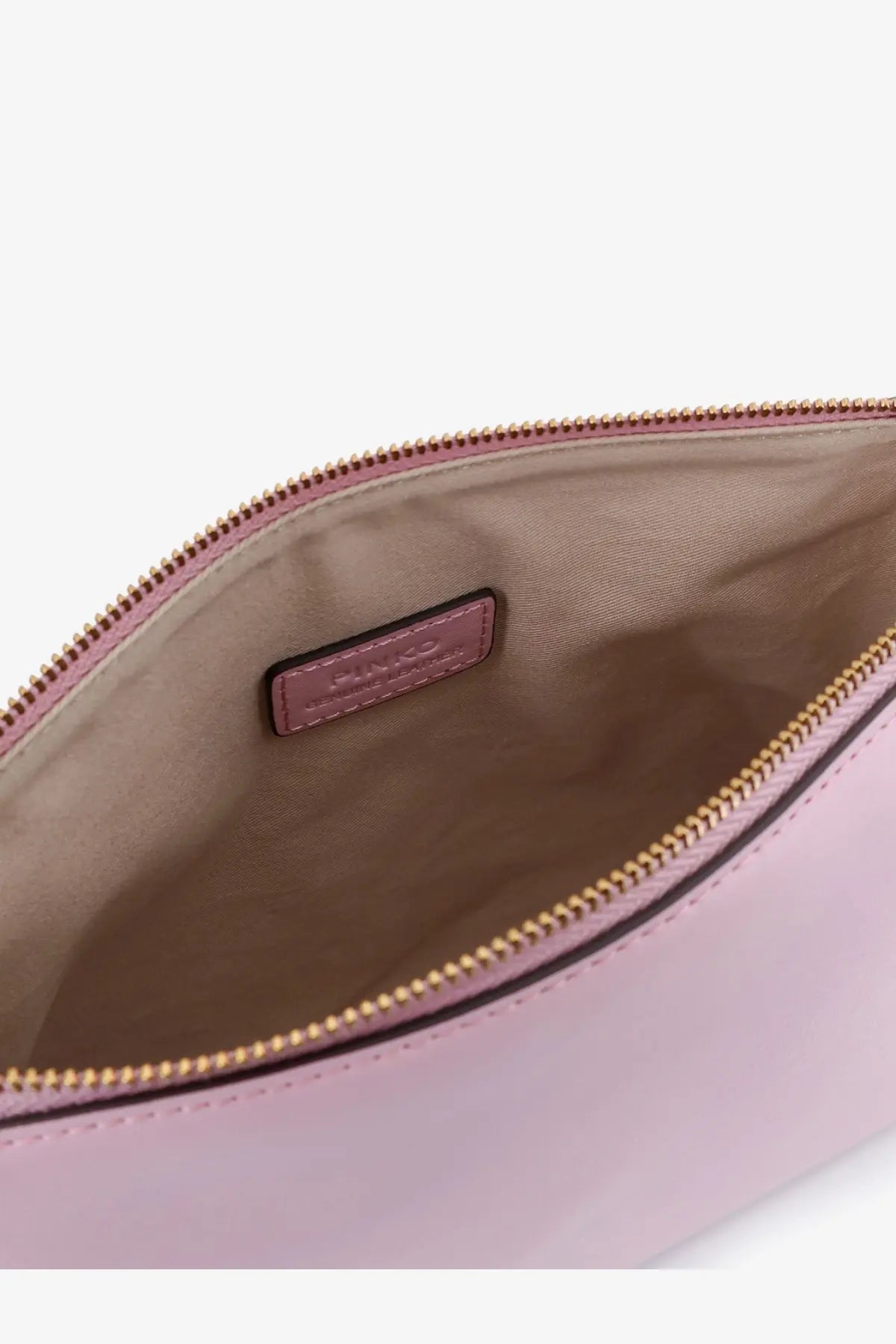 A soft pink leather Pinko women’s beauty case clutch with a gold-toned zipper and matching brand tag inside