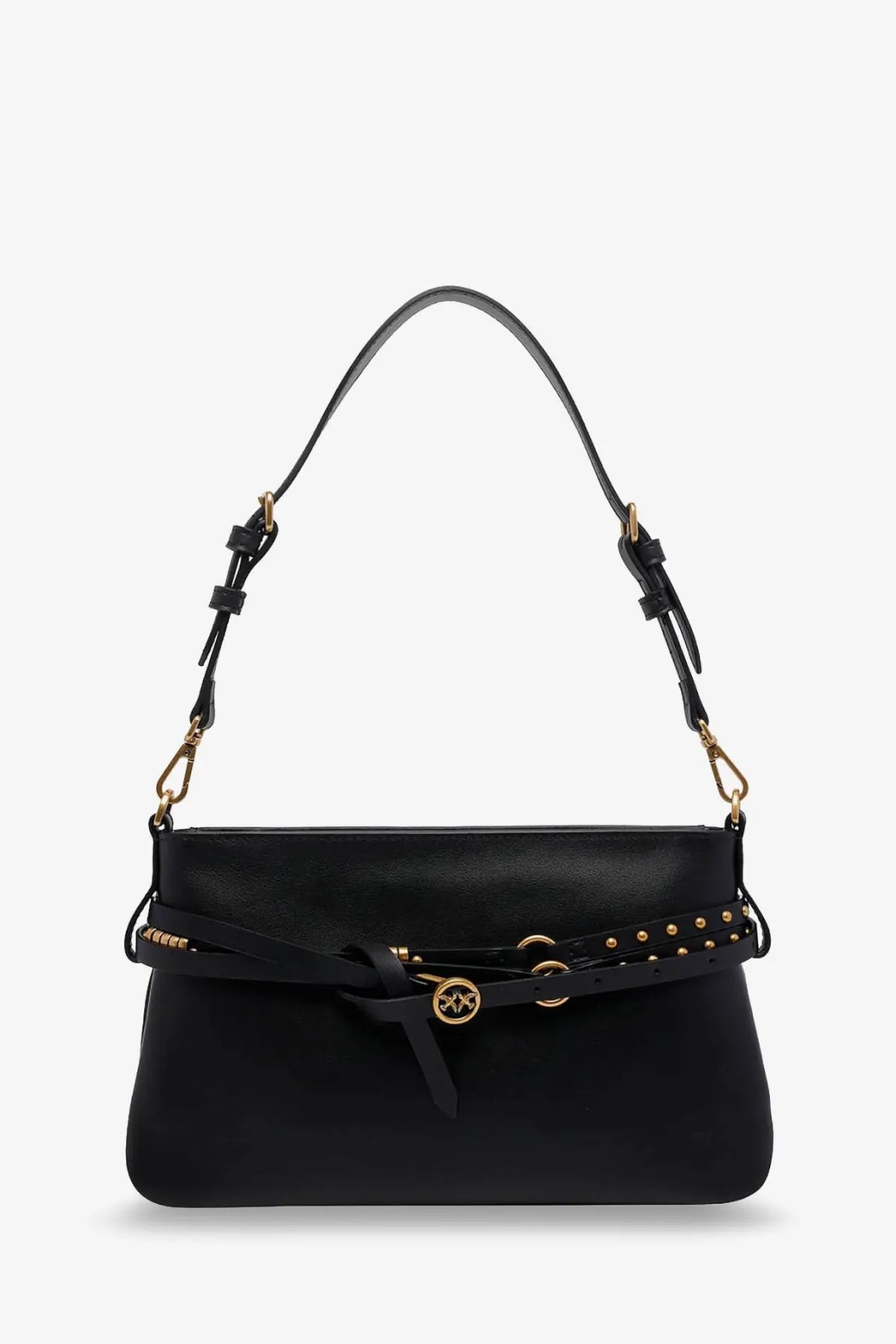 Pinko women’s black leather shoulder bag with gold-tone hardware and studded belt detail crossbody bag