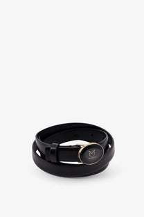 Pinko women’s black leather belt with a circular gold-tone buckle featuring the Pinko logo