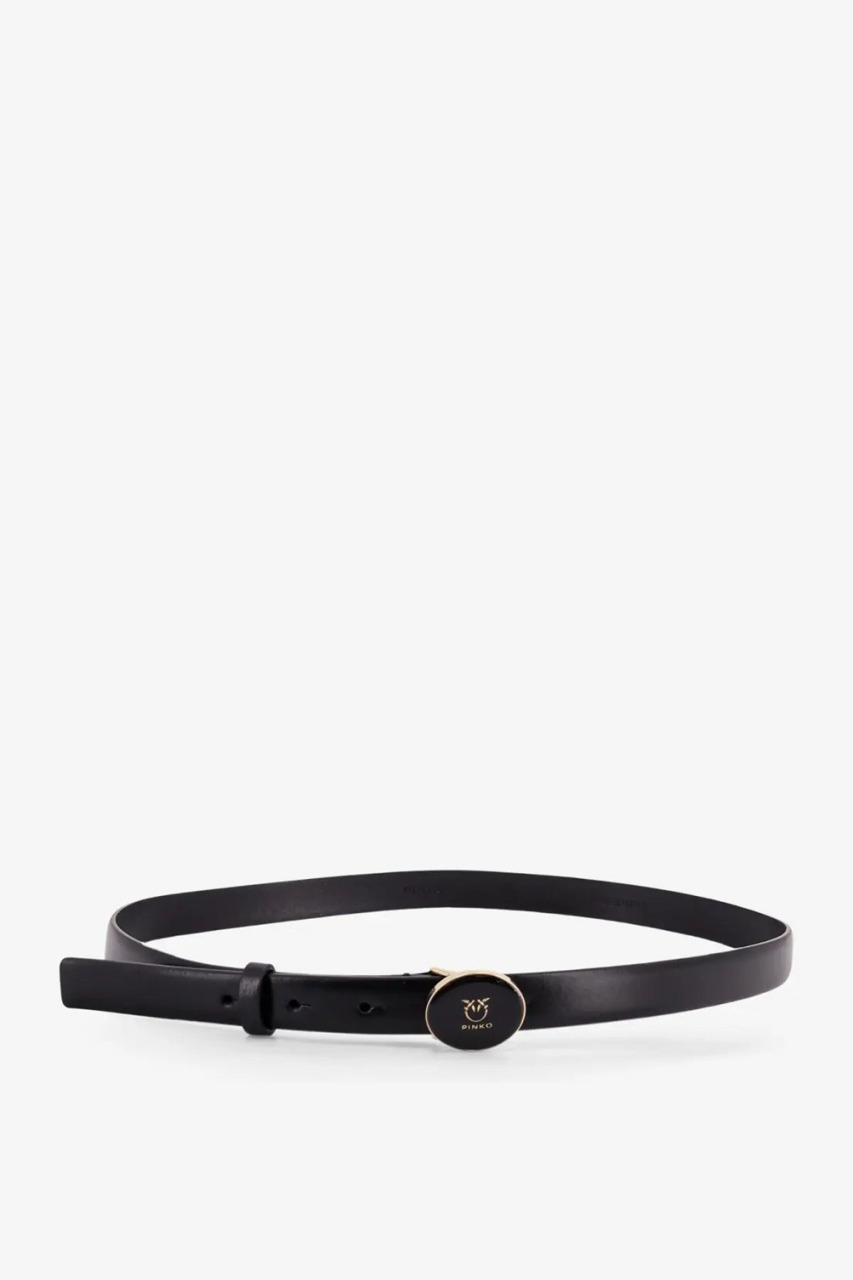 Pinko women’s black leather belt with a circular gold-toned buckle featuring the Pinko logo