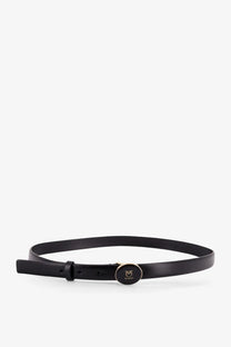 Pinko women’s black leather belt with a circular gold-toned buckle featuring the Pinko logo