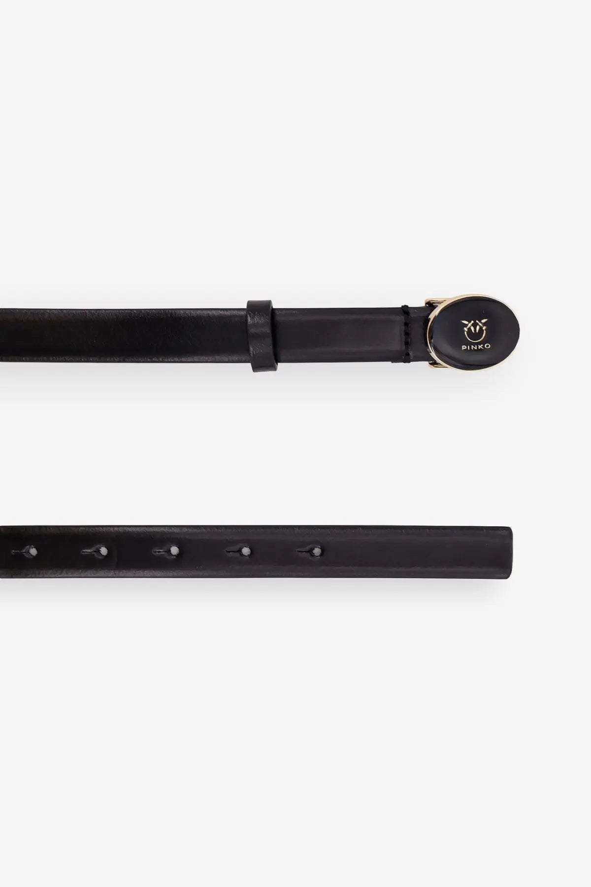 Pinko women’s black leather belt with gold toned oval buckle featuring the Pinko logo