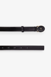 Pinko women’s black leather belt with gold toned oval buckle featuring the Pinko logo