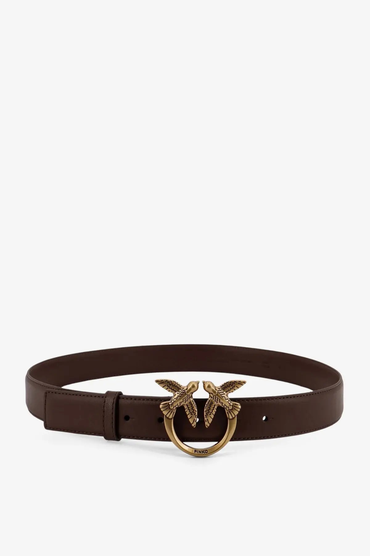 Pinko women’s brown leather belt with a gold-tone buckle featuring two intertwined bird designs