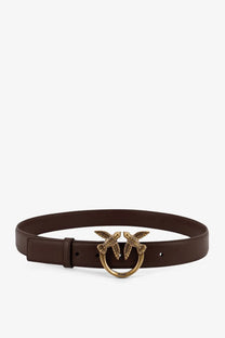 Pinko women’s brown leather belt with a gold-tone buckle featuring two intertwined bird designs