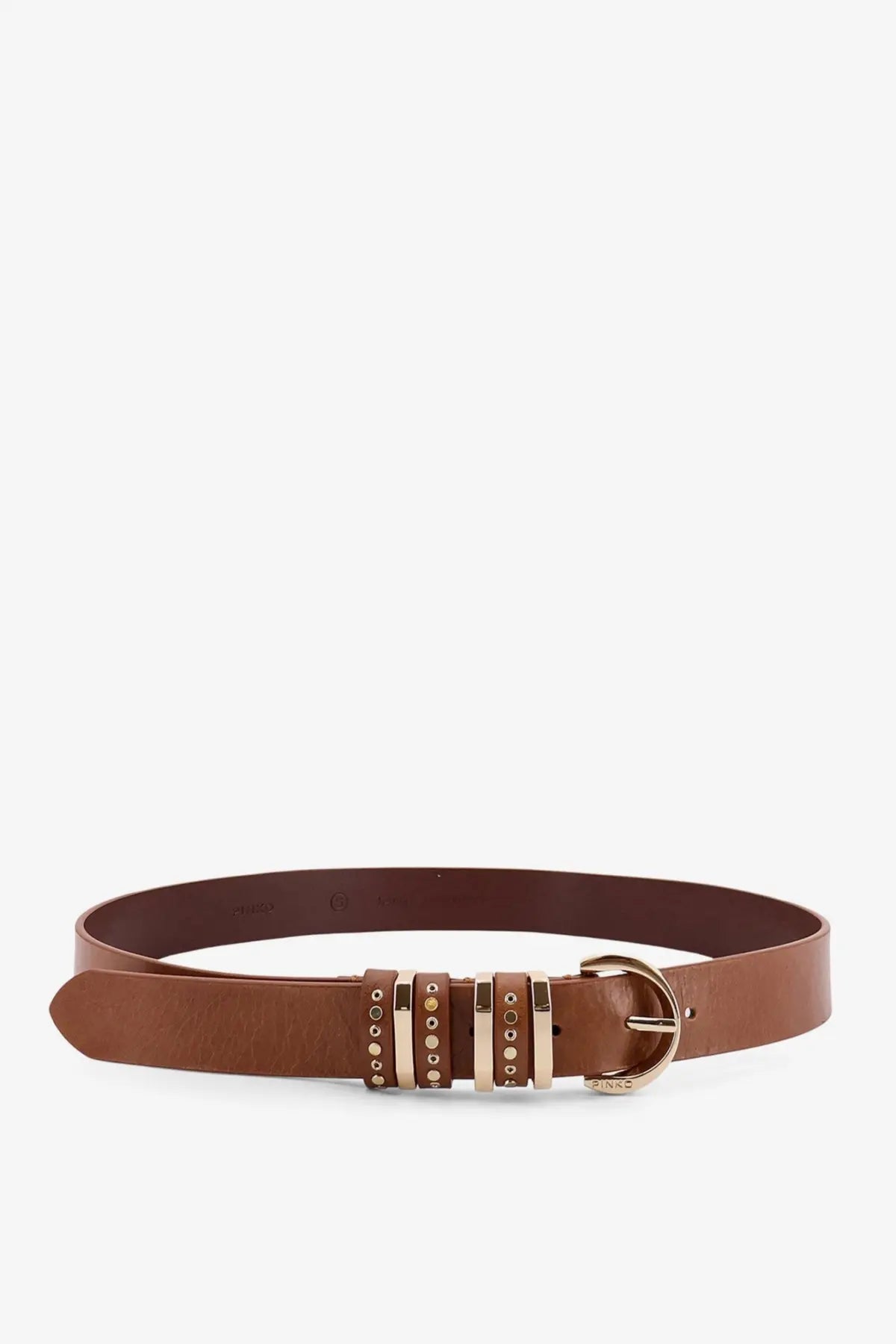 Pinko women’s brown leather belt with gold toned buckle and decorative studded metal plates