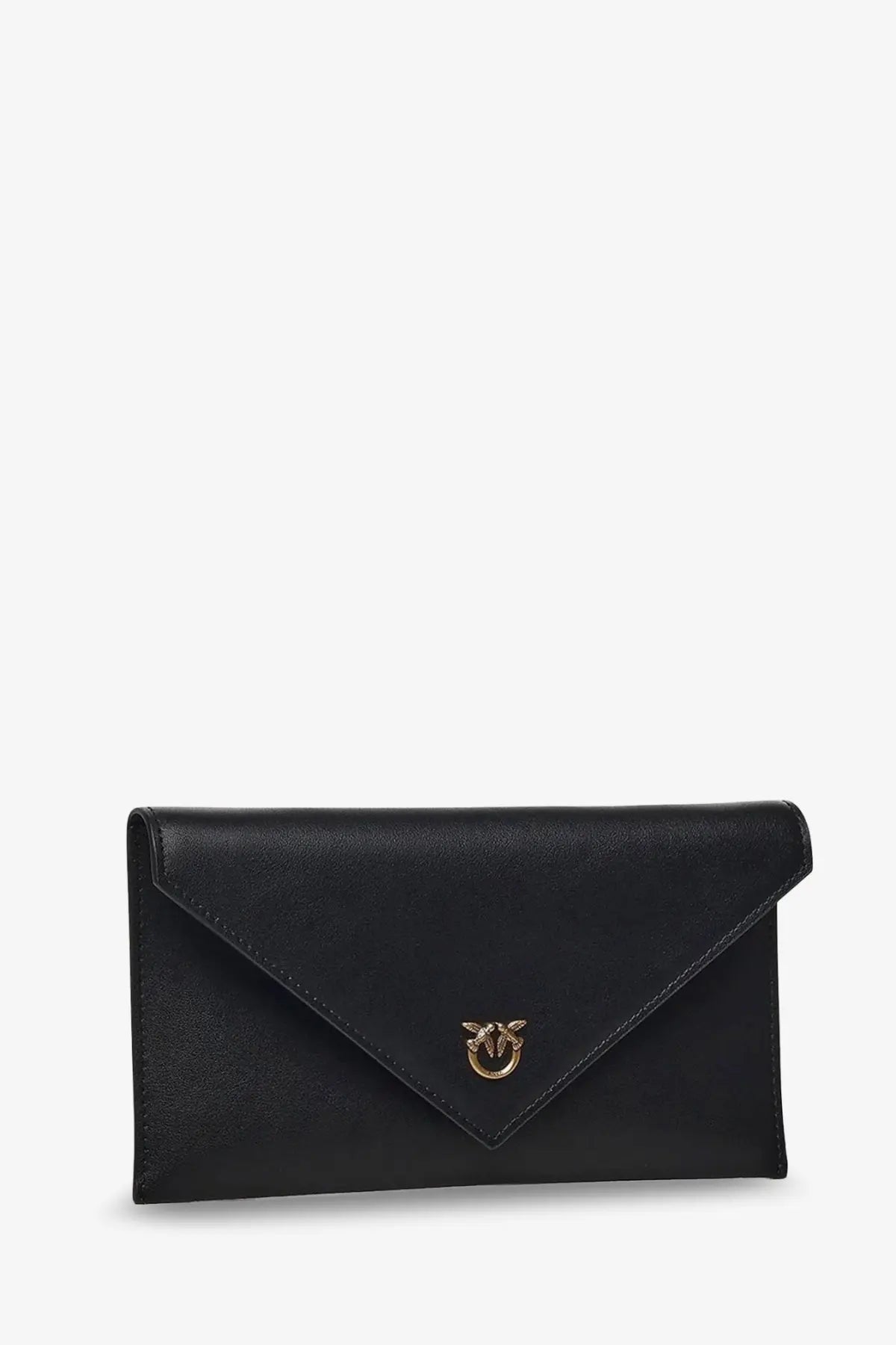 Pinko women’s black leather envelope clutch bag with gold-tone bird-shaped clasp