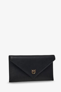 Pinko women’s black leather envelope clutch bag with gold-tone bird-shaped clasp