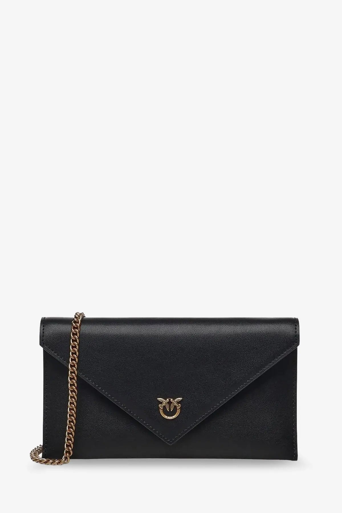 Pinko women’s black leather envelope clutch bag with gold-tone chain strap and bird-shaped clasp