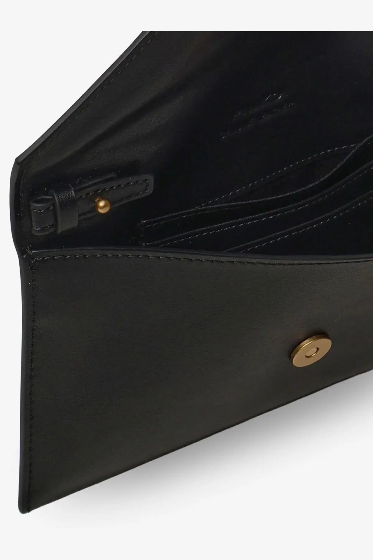 Pinko women’s black leather clutch bag with gold-tone button closure and zipper pull for stylish carry