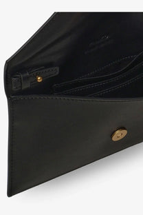Pinko women’s black leather clutch bag with gold-tone button closure and zipper pull for stylish carry