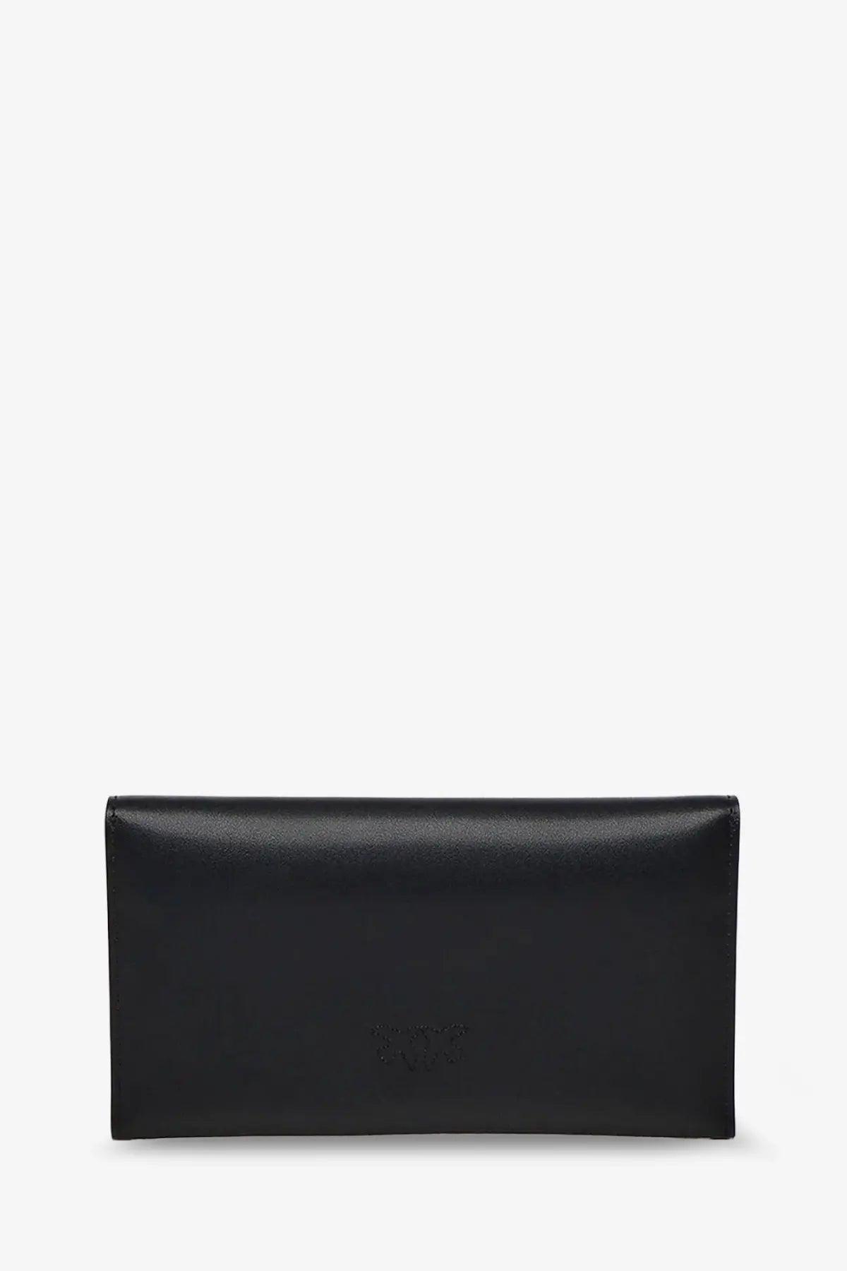 Black leather Pinko women’s clutch bag featuring a subtle embossed logo on the front for elegant occasions