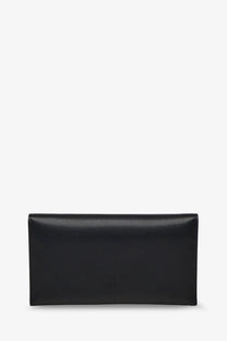 Black leather Pinko women’s clutch bag featuring a subtle embossed logo on the front for elegant occasions