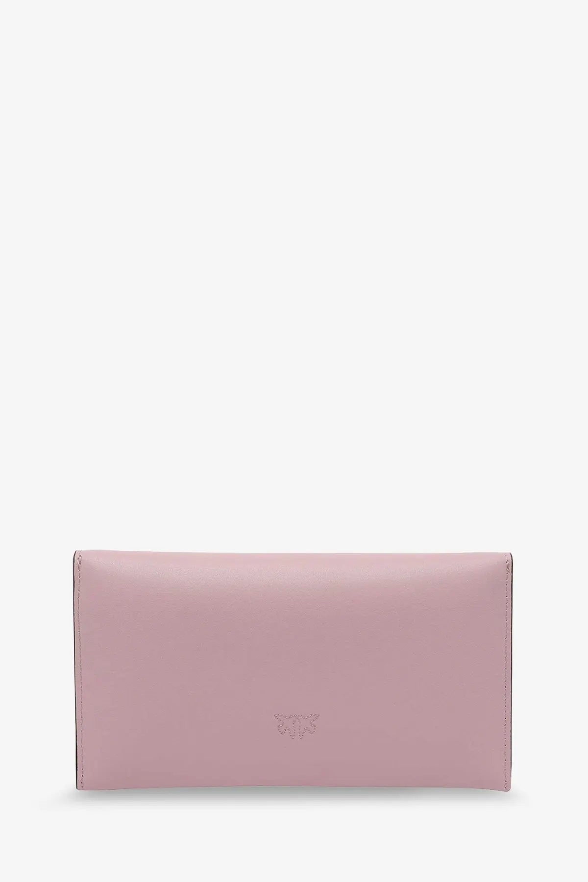 A sleek matte pink Pinko women’s leather clutch bag with smooth leather and a subtle embossed logo at the center