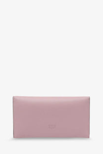A sleek matte pink Pinko women’s leather clutch bag with smooth leather and a subtle embossed logo at the center