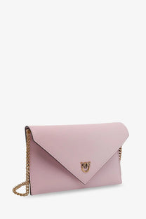 Pinko women’s soft pink leather clutch bag with envelope design gold-tone chain strap and metallic cat clasp