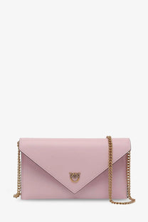 Pinko women’s soft pink leather envelope clutch bag with gold-tone bee clasp and matching chain strap