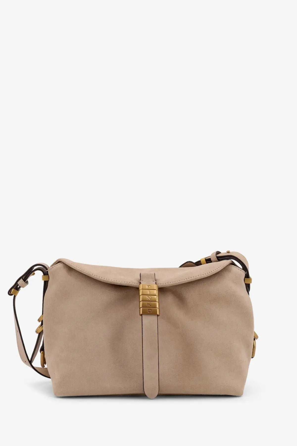 Pinko women’s beige leather shoulder bag with suede texture gold-tone hardware and flap closure crossbody style