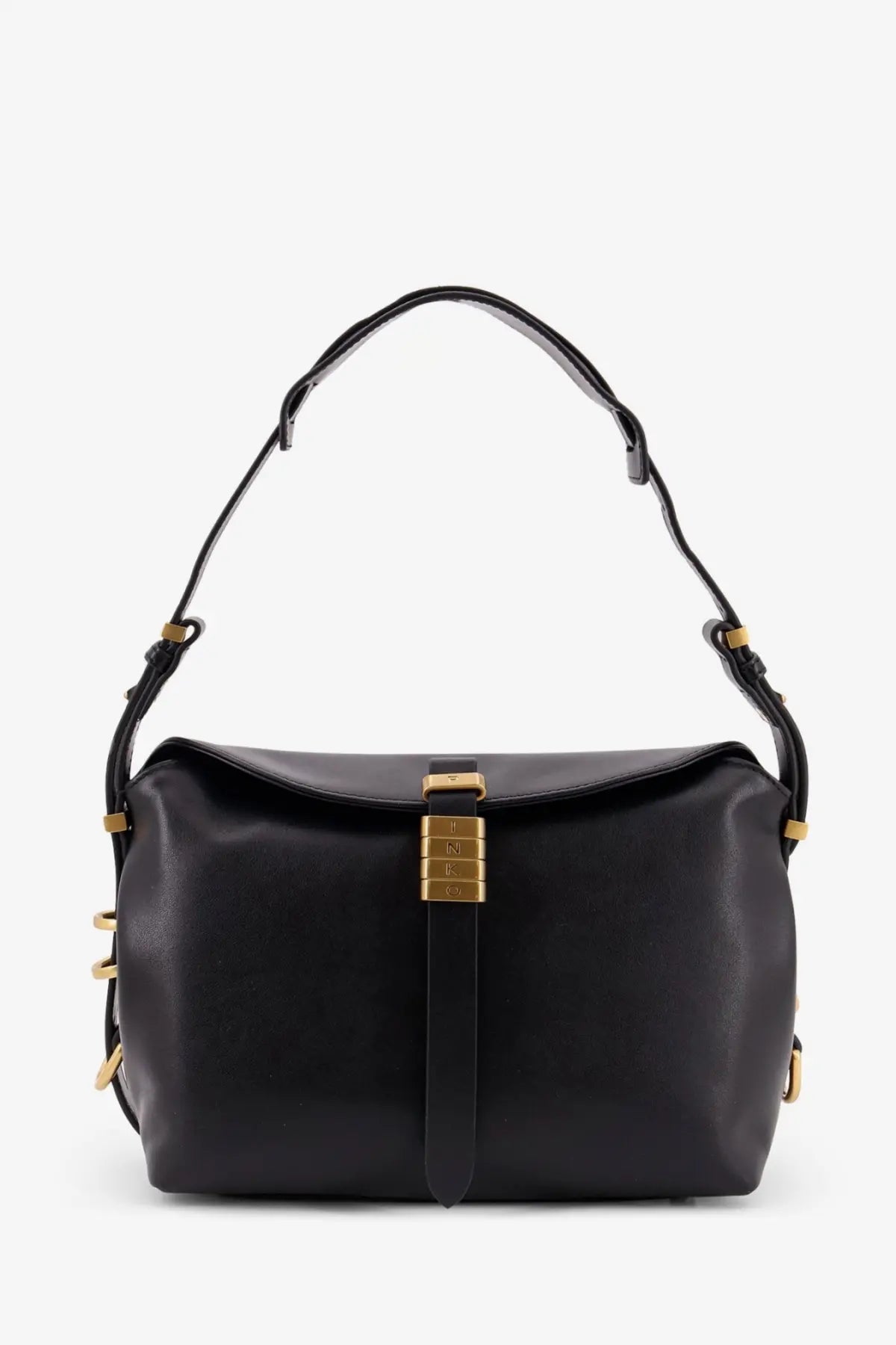 Pinko women’s black leather hobo shoulder bag with gold-tone hardware and a distinctive front clasp